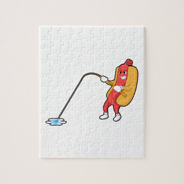 Hotdog at Fishing with Fishing rod Jigsaw Puzzle (Vertical)