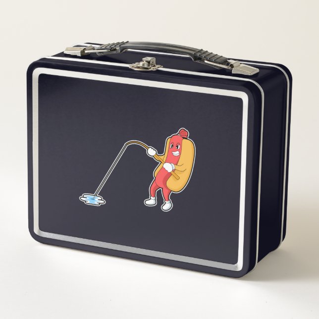 Hotdog at Fishing with Fishing rod Metal Lunch Box (Front)