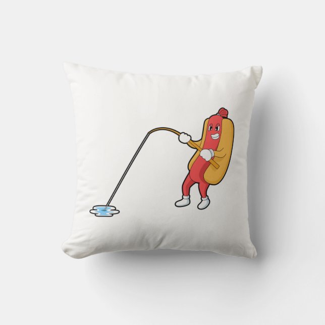 Hotdog at Fishing with Fishing rod Throw Pillow (Front)