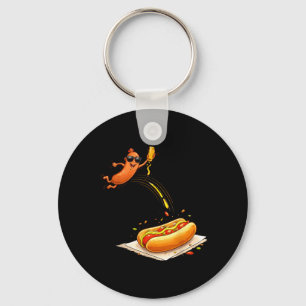 Hotdog Jumping Into A Bun Funny Food Cartoon Boys Keychain