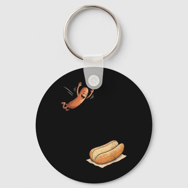 Hotdog Jumping Into Bun Funny Bbq Keychain (Front)