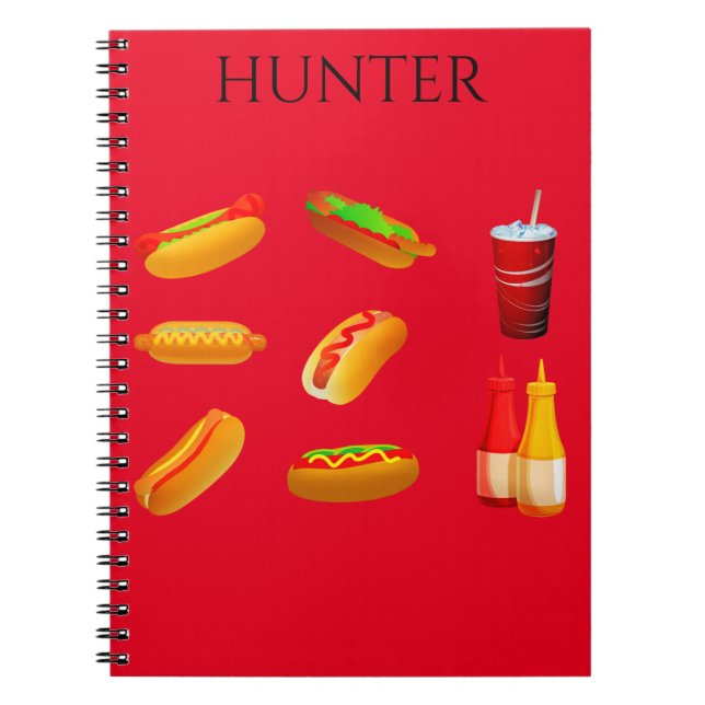 Hotdog spiral notebook with custom name. (Front)