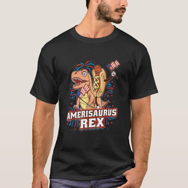 Hotdog T Rex Dinosaur 4th of July Amerisaurus Funn T-Shirt (Front)