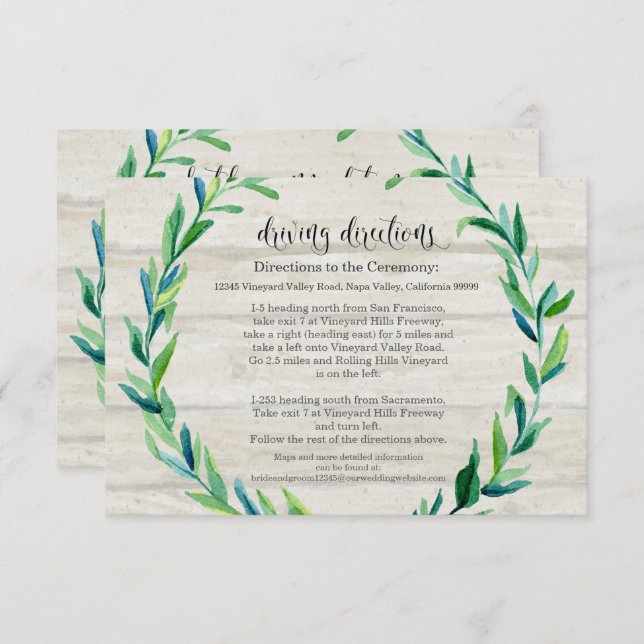 Hotel Driving Directions Laurel Leaf Wood Script Invitation (Front/Back)