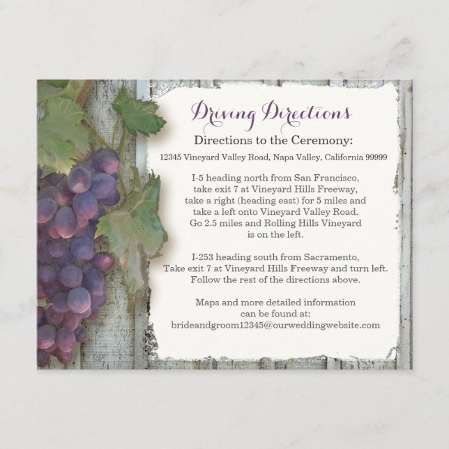 Hotel Driving Directions Winery Vineyard Grape Enclosure Card (Front)