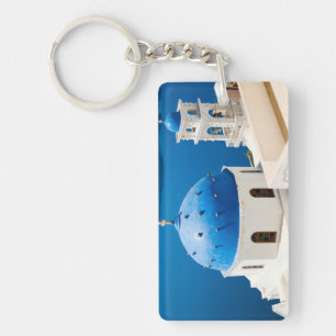 Hotel Greece Church Santorini blue photo and text Keychain