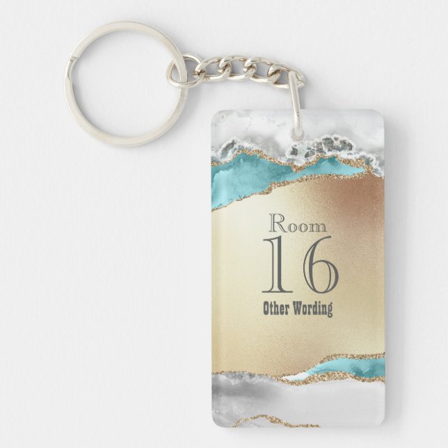 Hotel lodge resort room blue white gold marble keychain (Front)