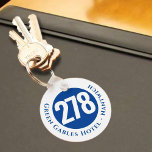 Hotel Name Plus Room Number on a Keychain<br><div class="desc">Hotel Room Keyring or Keychain with the hotel name and address plus room number. Blue design.</div>