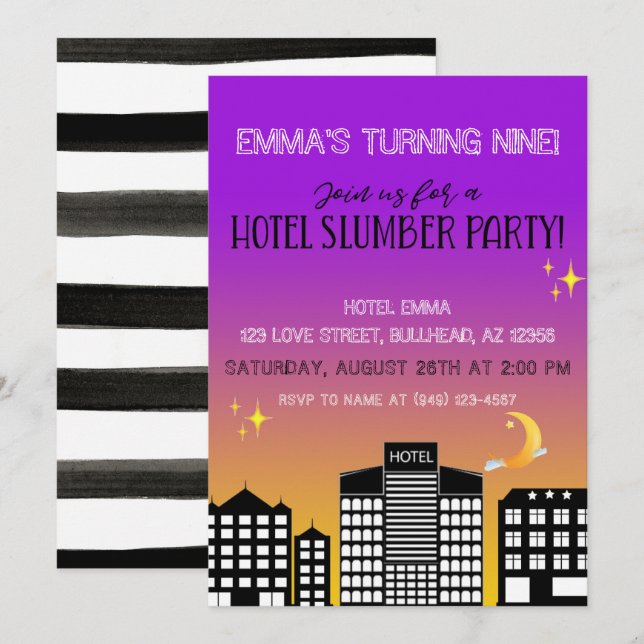 Hotel skyline girl slumber party purple ombre invitation (Front/Back)