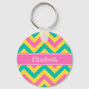 HotPink2 Teal Pineapple LG Chevron Name Monogram Keychain