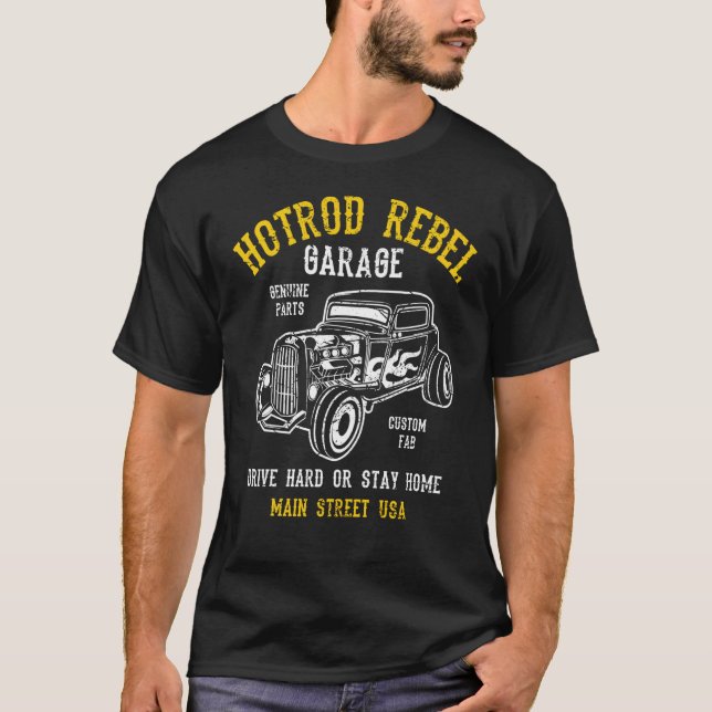 Hotrod Rebel Automotive Nostalgia Old Car Distress T-Shirt (Front)