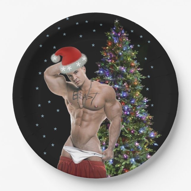 Hottest Hunk Buff Santa Christmas Party  Paper Plate (Front)
