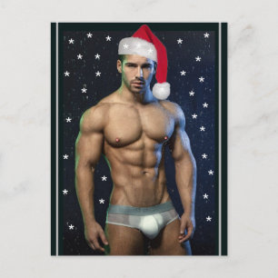 Hottest Hunks On The Planet Christmas Buff Santa   Holiday Postcard