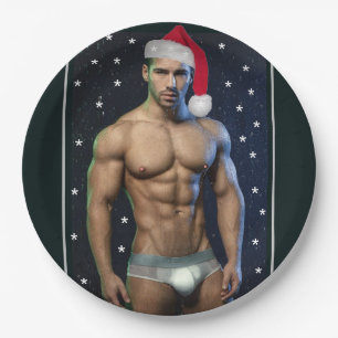 Hottest Hunks On The Planet Christmas Buff Santa Paper Plate