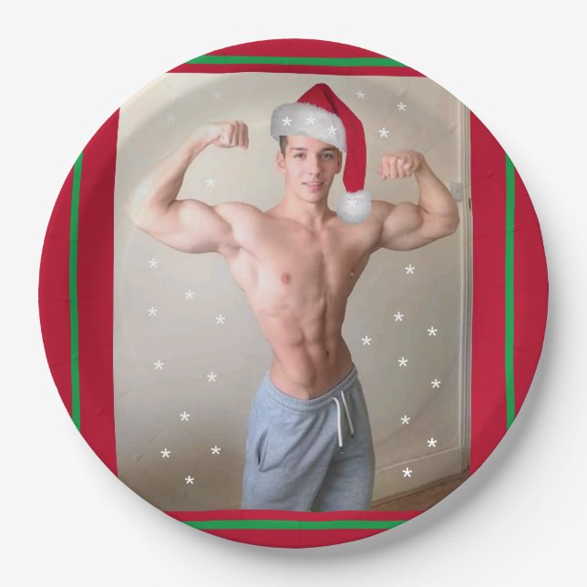 Hottest Hunks On The Planet! Christmas Buff Santa Paper Plate (Front)