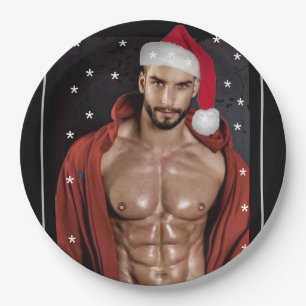 Hottest Hunks On The Planet! Christmas Buff Santa Paper Plate