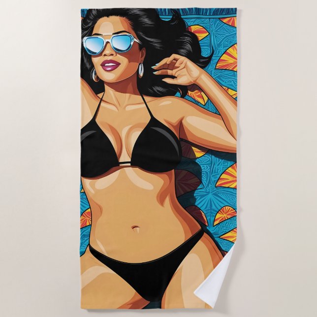 Hottie in a Black Bikini Beach Towel (Front)