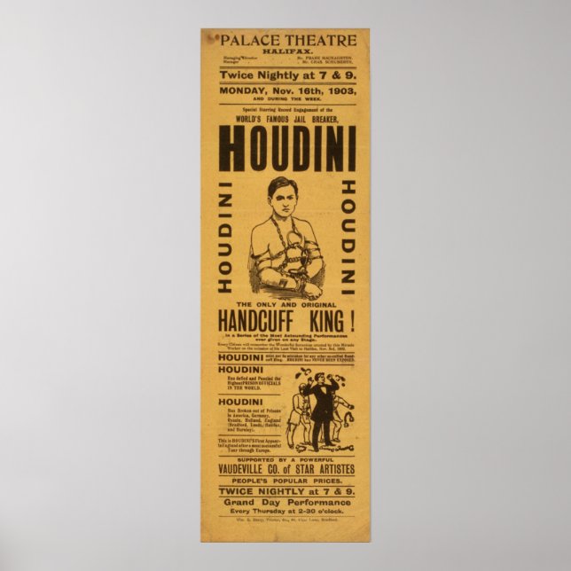 HOUDINI Escape Artiste VAUDEVILLE Poster (Devant)