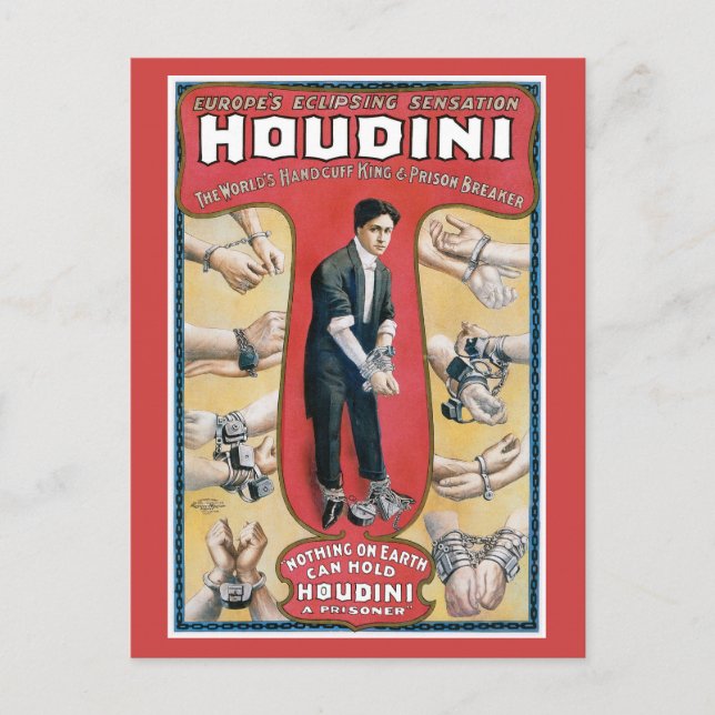 Houdini ~ Vintage Handcuff Escape Artist Postcard (Front)