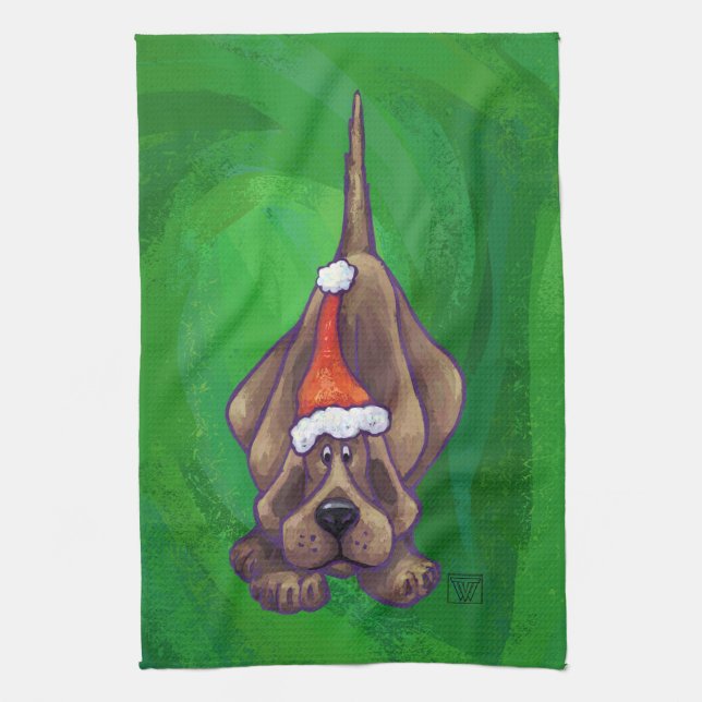 Hound Dog Christmas On Green Kitchen Towel (Vertical)