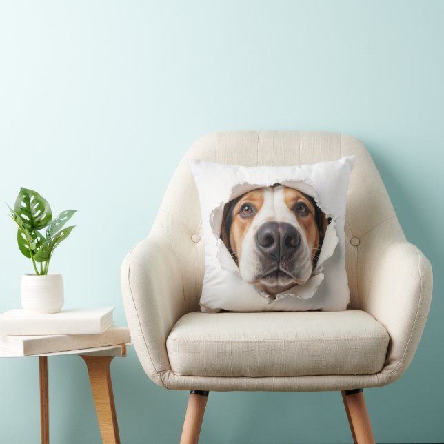 Hound Dog Peeking Through Torn Paper Hole Throw Pillow (Chair)