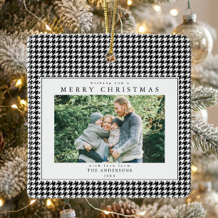 Houndstooth Black and White Christmas Photo Ceramic Ornament