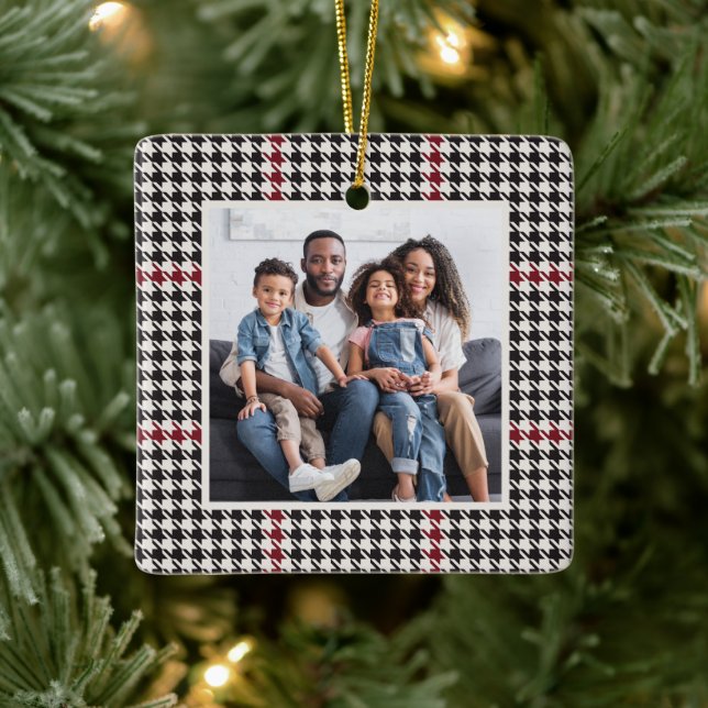 Houndstooth classic red black one photo Christmas Ceramic Ornament (Tree)