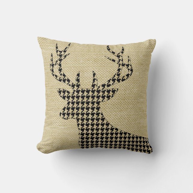 Houndstooth Deer Silhouette on Burlap | wheat Throw Pillow (Front)