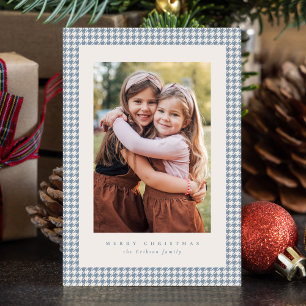 Houndstooth frame light blue Christmas photo Holiday Card