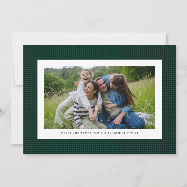 Houndstooth frame plum holiday photo card (Front)
