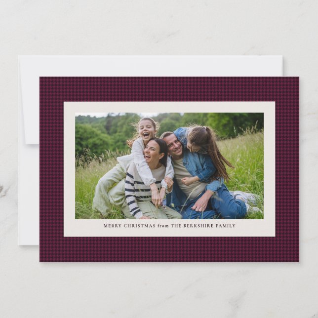 Houndstooth frame plum holiday photo card (Front)