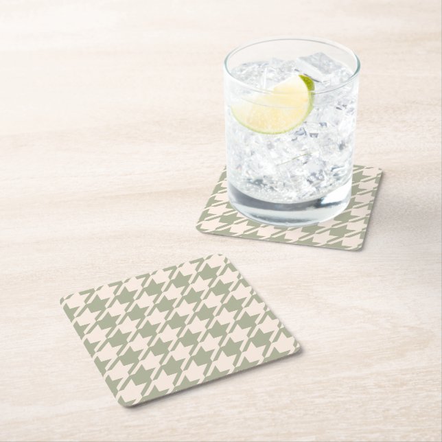 Houndstooth Green+Cream Lg Pattern Square Paper Coaster (Insitu)