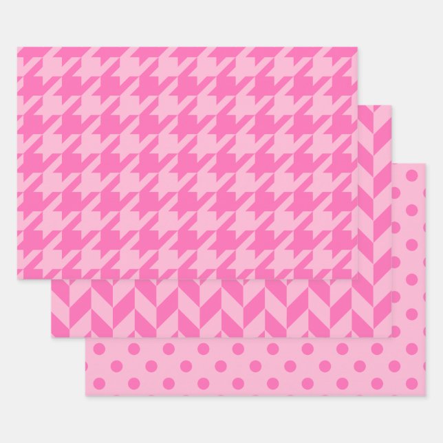 Houndstooth, Herringbone, Dot DIY Colours 2 Pinks Wrapping Paper Sheet (Set)