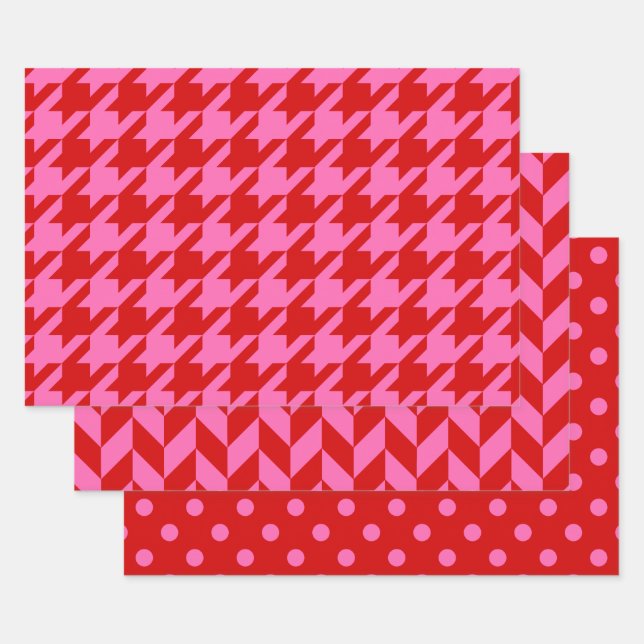 Houndstooth, Herringbone, Dot DIY Colours Red Pink Wrapping Paper Sheet (Set)