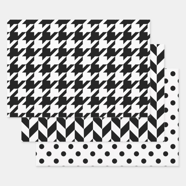 Houndstooth, Herringbone, Dot DIY Colours Wht Blac Wrapping Paper Sheet (Set)