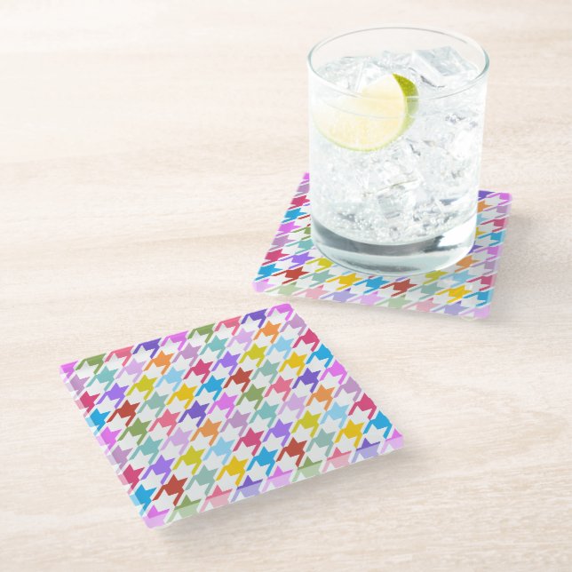 Houndstooth Multicolor+White Big Pattern Glass Coaster (Angled)
