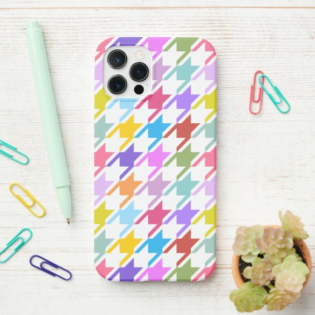 Houndstooth Multicolor+White Big Pattern iPhone Case (On Desk)
