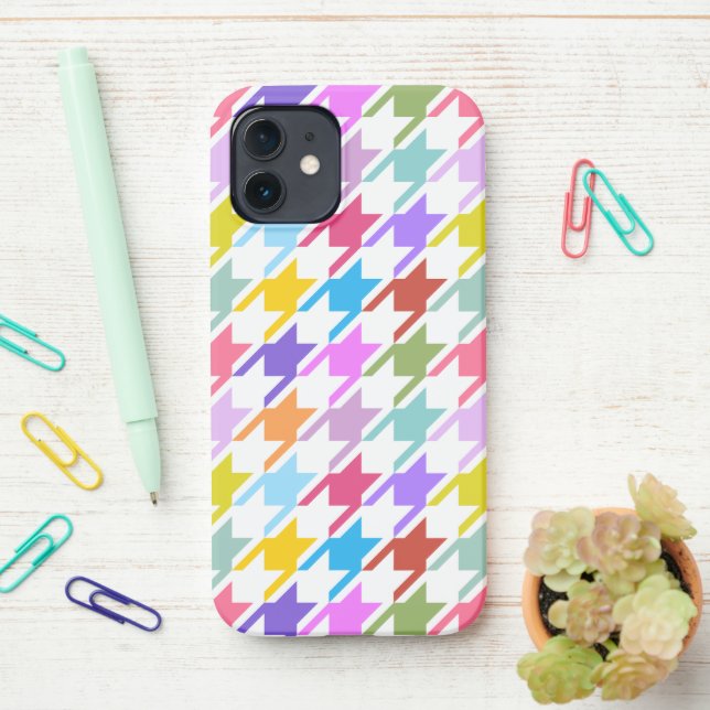 Houndstooth Multicolor+White Big Pattern iPhone Case (On Desk)