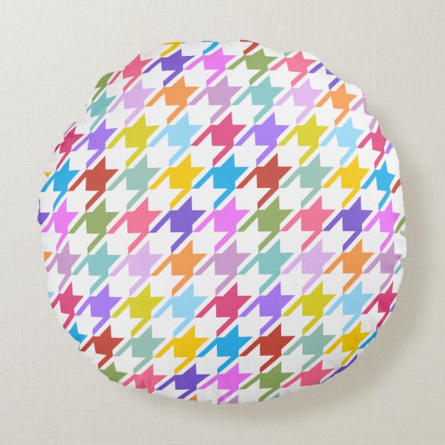 Houndstooth Multicolor+White Big Pattern Round Pillow (Front)