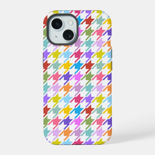 Houndstooth Multicolor+White Pattern iPhone 15 Case (Back)