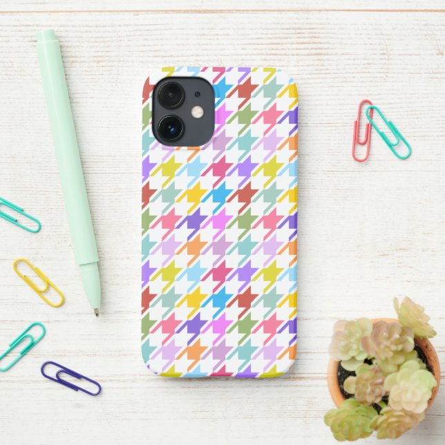 Houndstooth Multicolor+White Pattern iPhone Case (On Desk)
