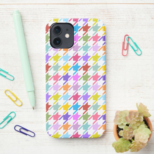 Houndstooth Multicolor+White Pattern iPhone Case (On Desk)