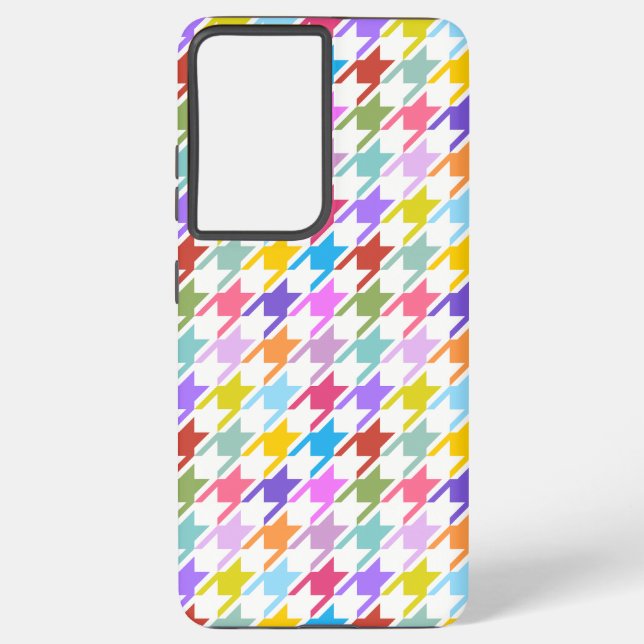 Houndstooth Multicolor+White Pattern Samsung Galaxy S21 Ultra Case (Back)
