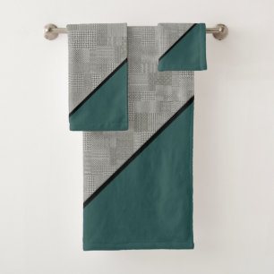 Houndstooth Pattern, Black Stripes, Green Bath Towel Set