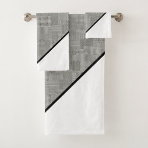 Houndstooth Pattern, Black Stripes, White Bath Towel Set