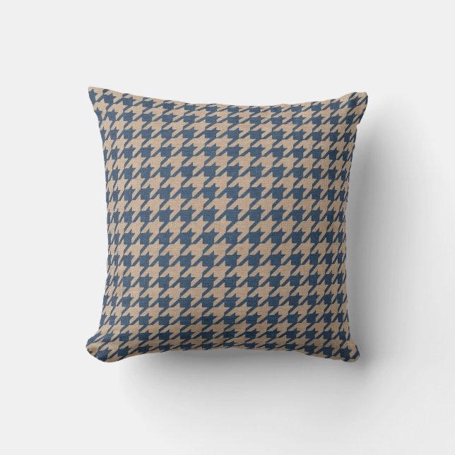 Houndstooth Pattern Denim Blue and Tan Throw Pillow (Front)