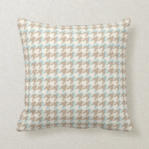 Houndstooth Pattern Tan Cream Blue Throw Pillow