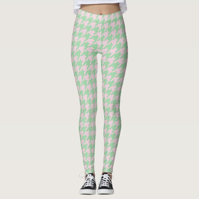 Houndstooth Pied de Poule Pattern Pink Green Leggings (Front)