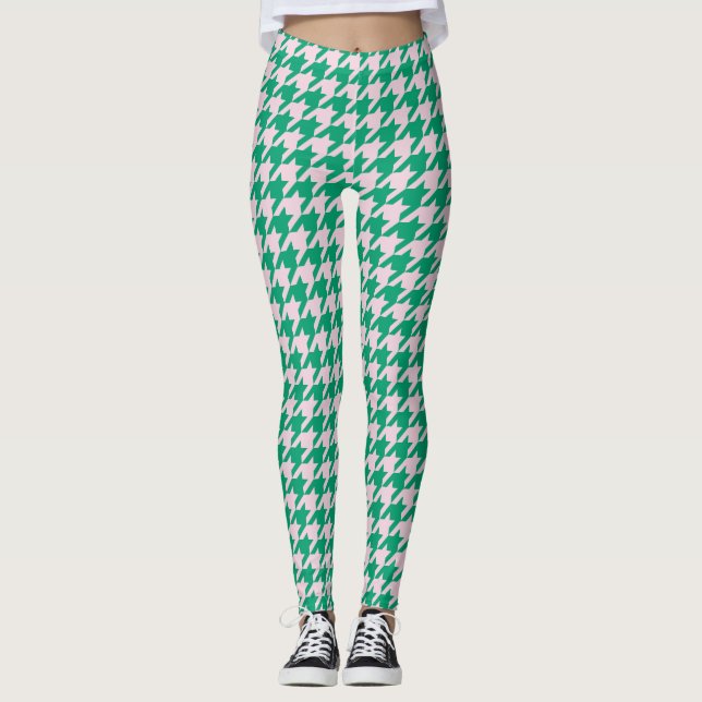 Houndstooth Pied de Poule Pattern Pink Green Leggings (Front)