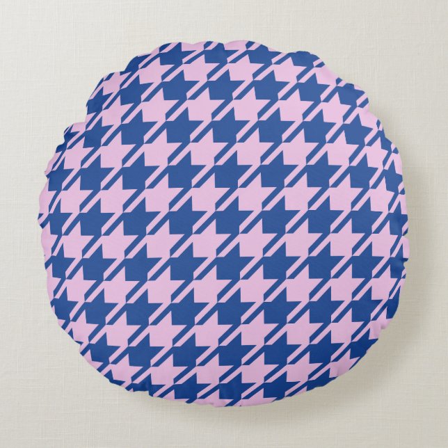 Houndstooth Pink+Blue Pattern Round Pillow (Front)